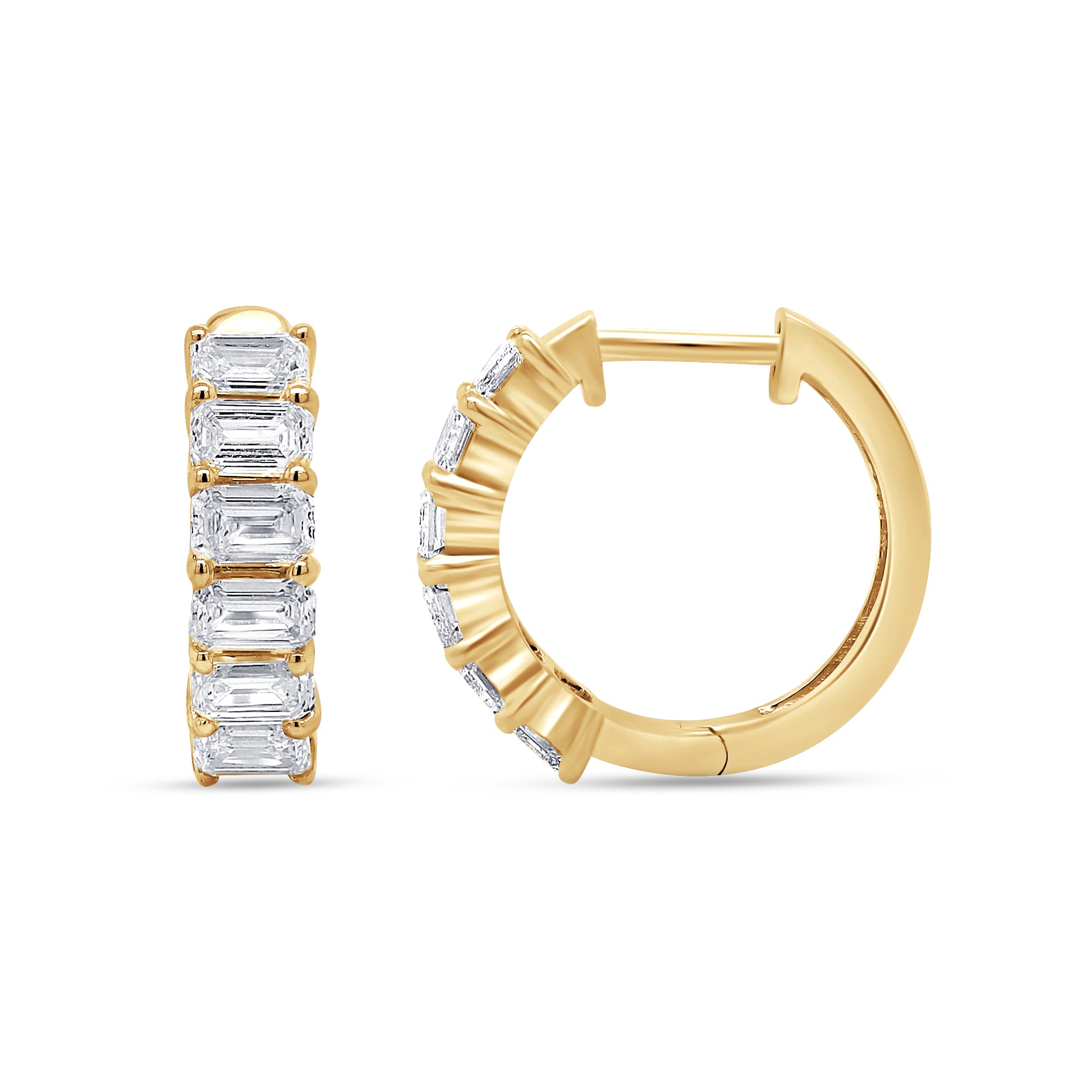 Gold hoop earrings with diamond accents on a white background