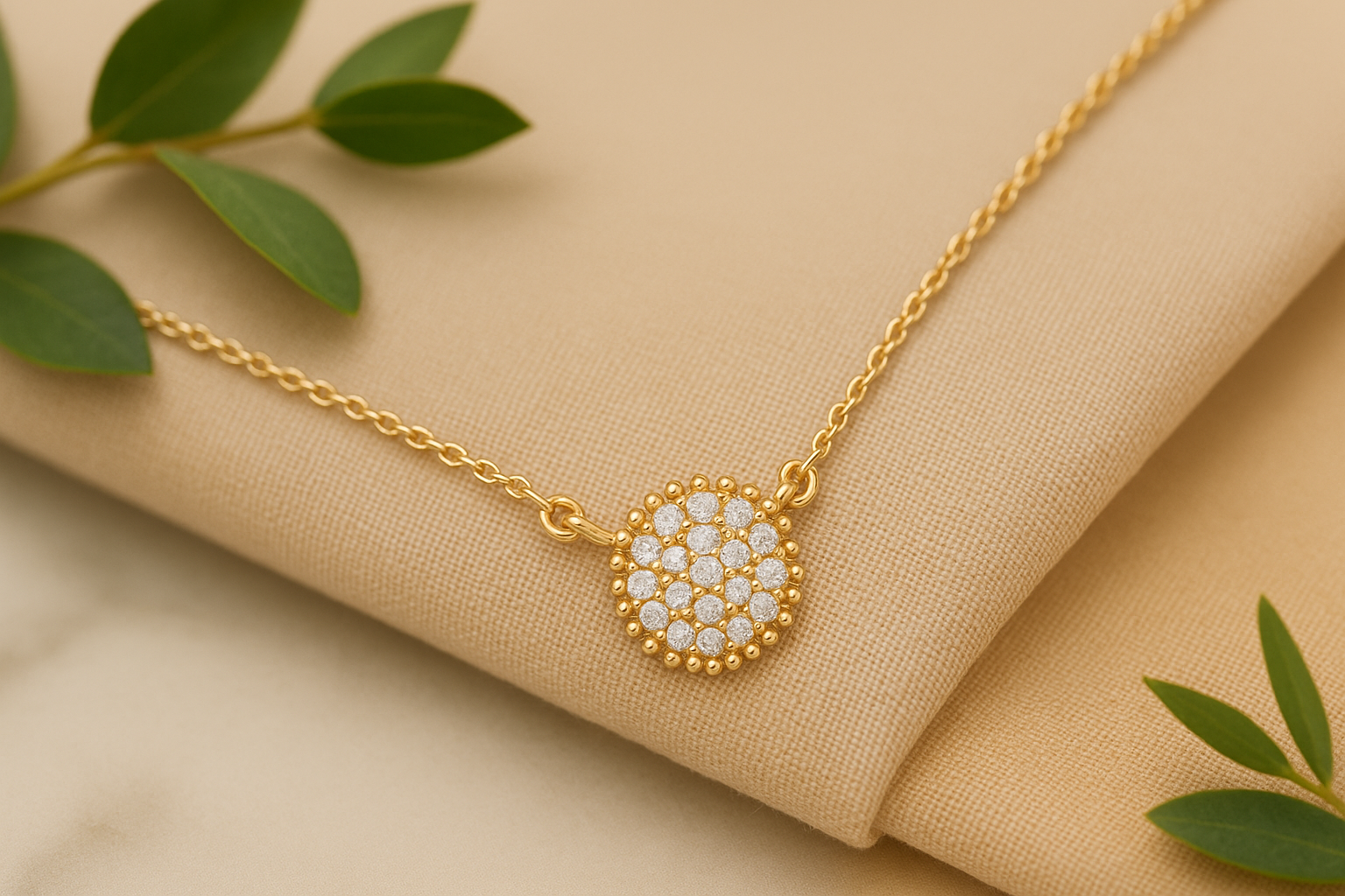 Gold necklace with a circular pendant on beige fabric with green leaves