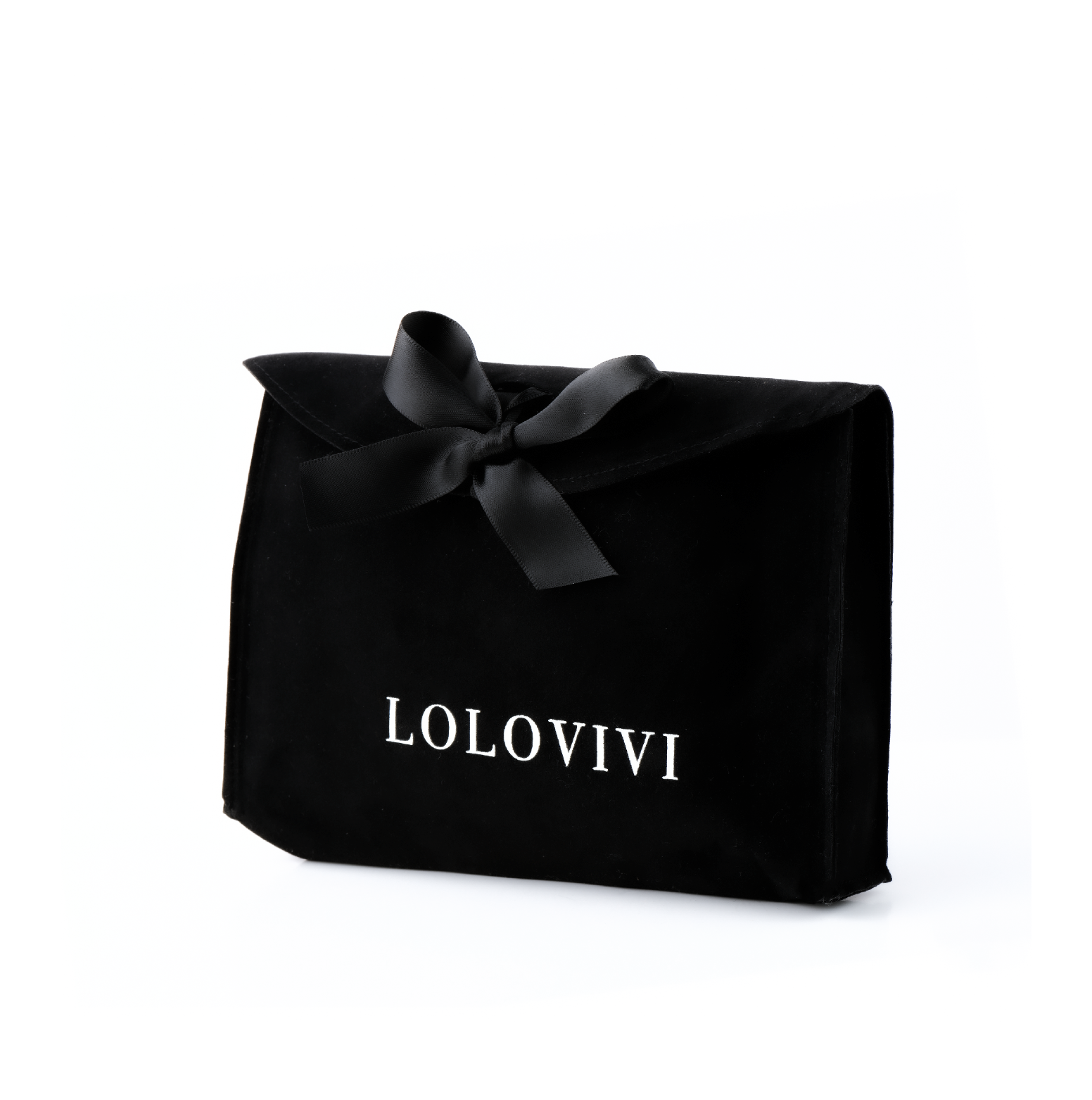 Black velvet pouch with Lolovivi logo and satin bow, packaging for Channing 14K gold diamond bundle.