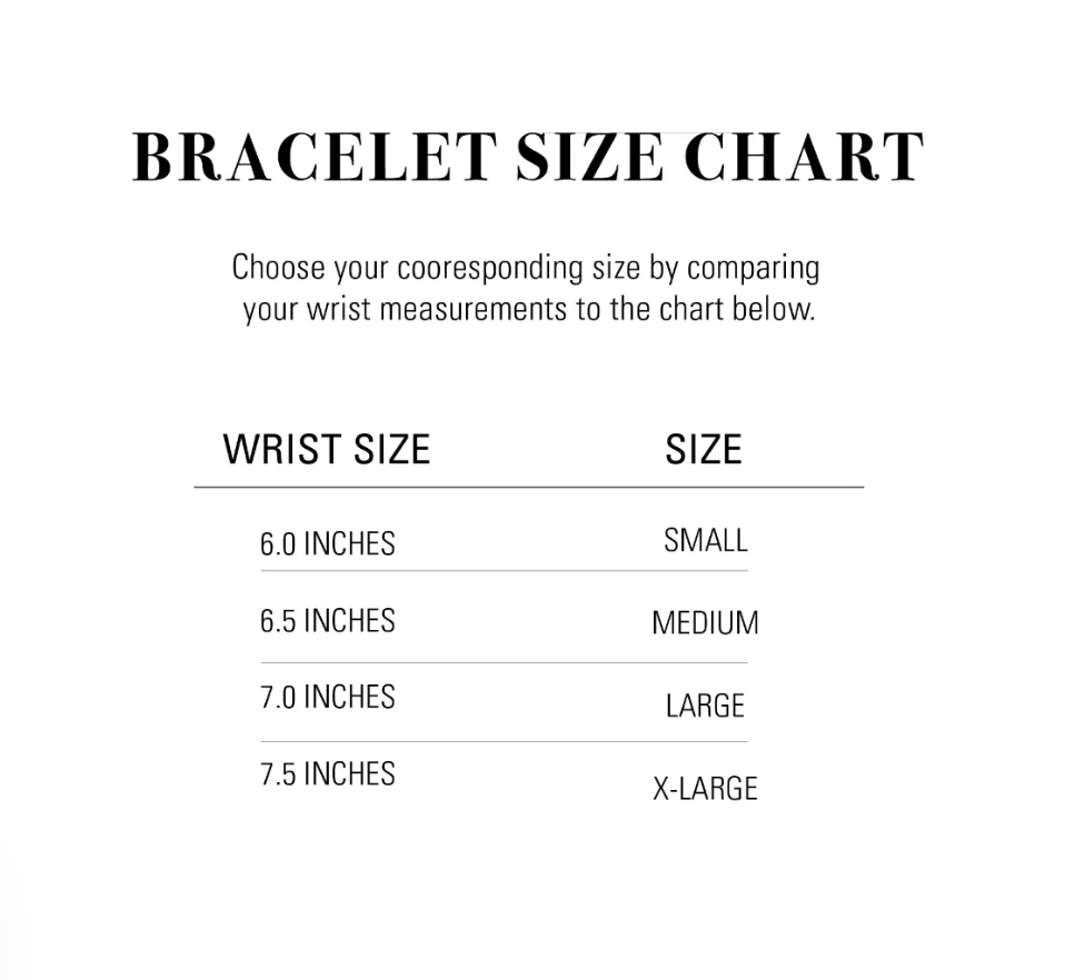 Bracelet size chart for Eliana Sterling Silver Gemstone Bangle Bracelet.
