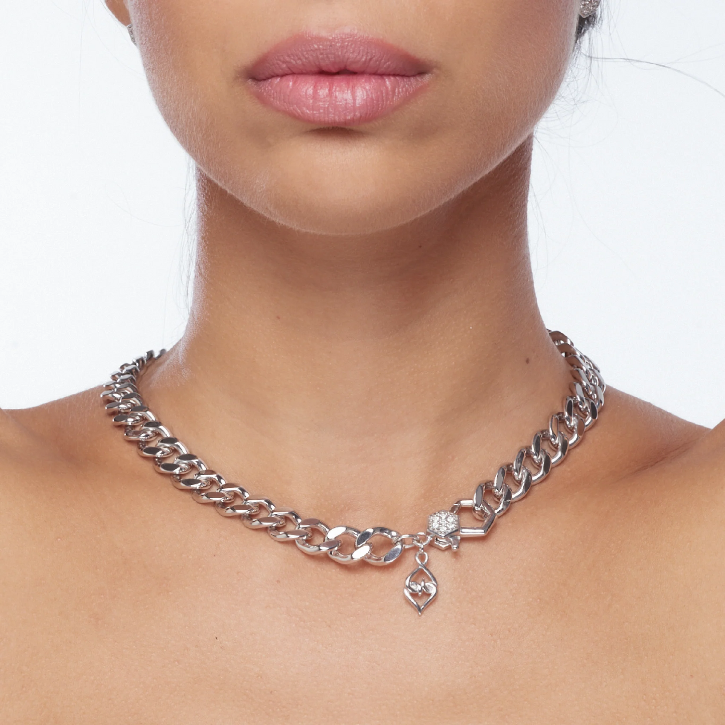 Curb Chain Necklace | 18" Sterling Silver Curb Chain with White Sapphires