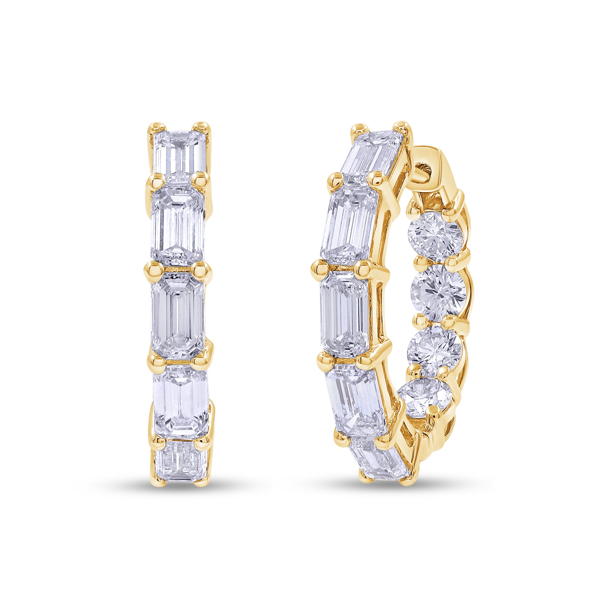 Gold hoop earrings with clear gemstones on a white background