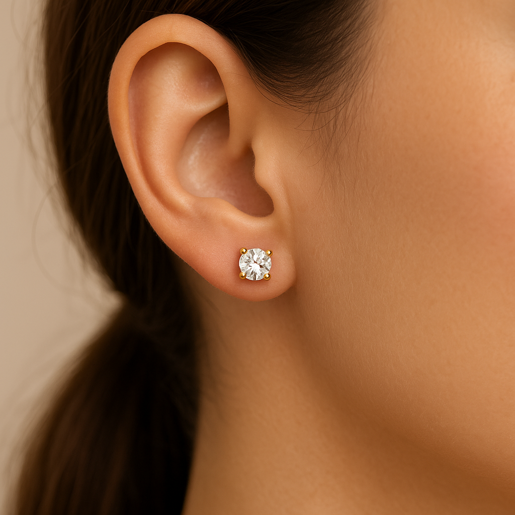 Diamond Stud earring on a models ear