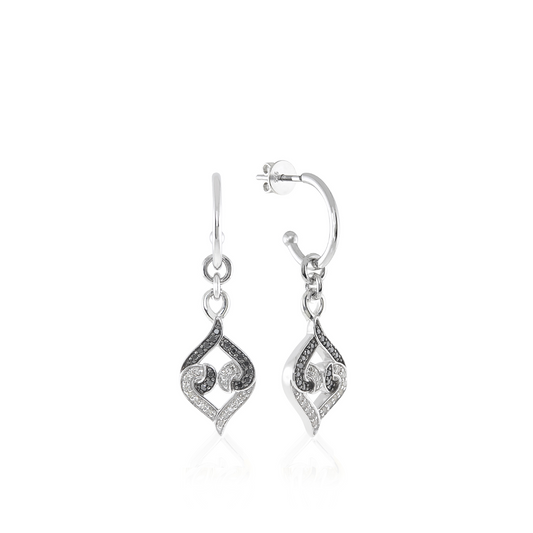 Sterling Silver White & Black Diamond Hoop Dangle Earrings