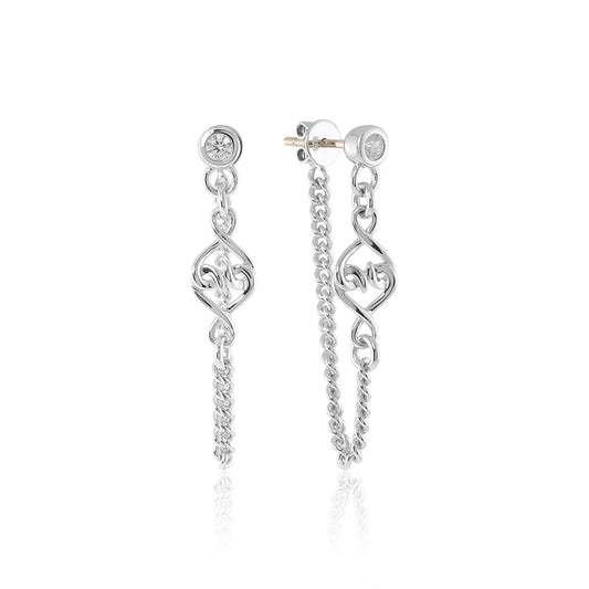 Sterling Silver White Sapphire Dangle Chain Earrings