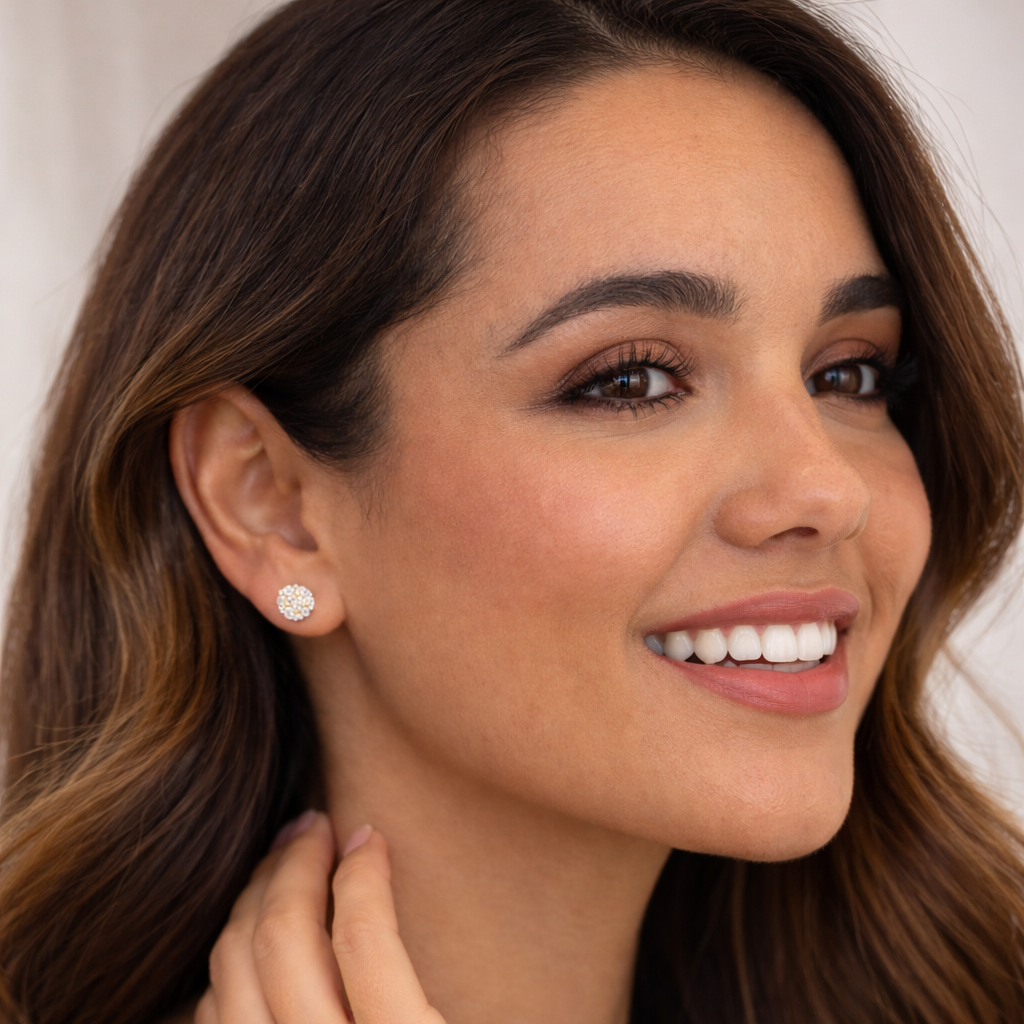 Woman wearing diamond earrings with a neutral background
