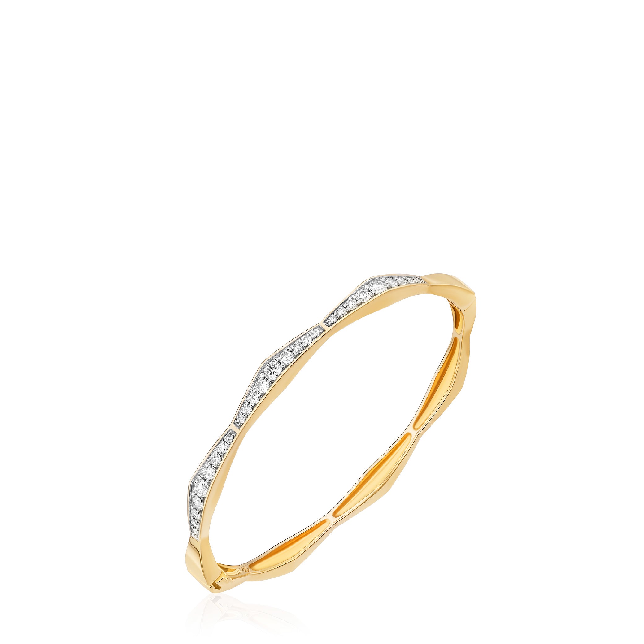 14K solid gold bangle bracelet with diamonds, featuring a wavy design.