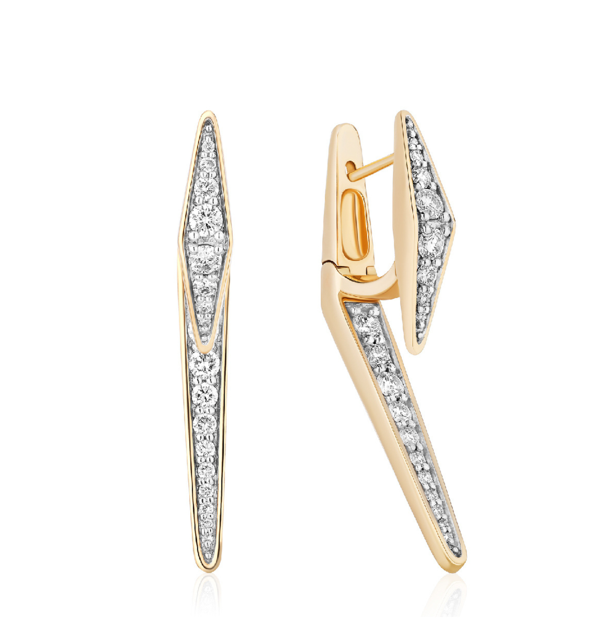 Gold earrings with diamond accents on a white background