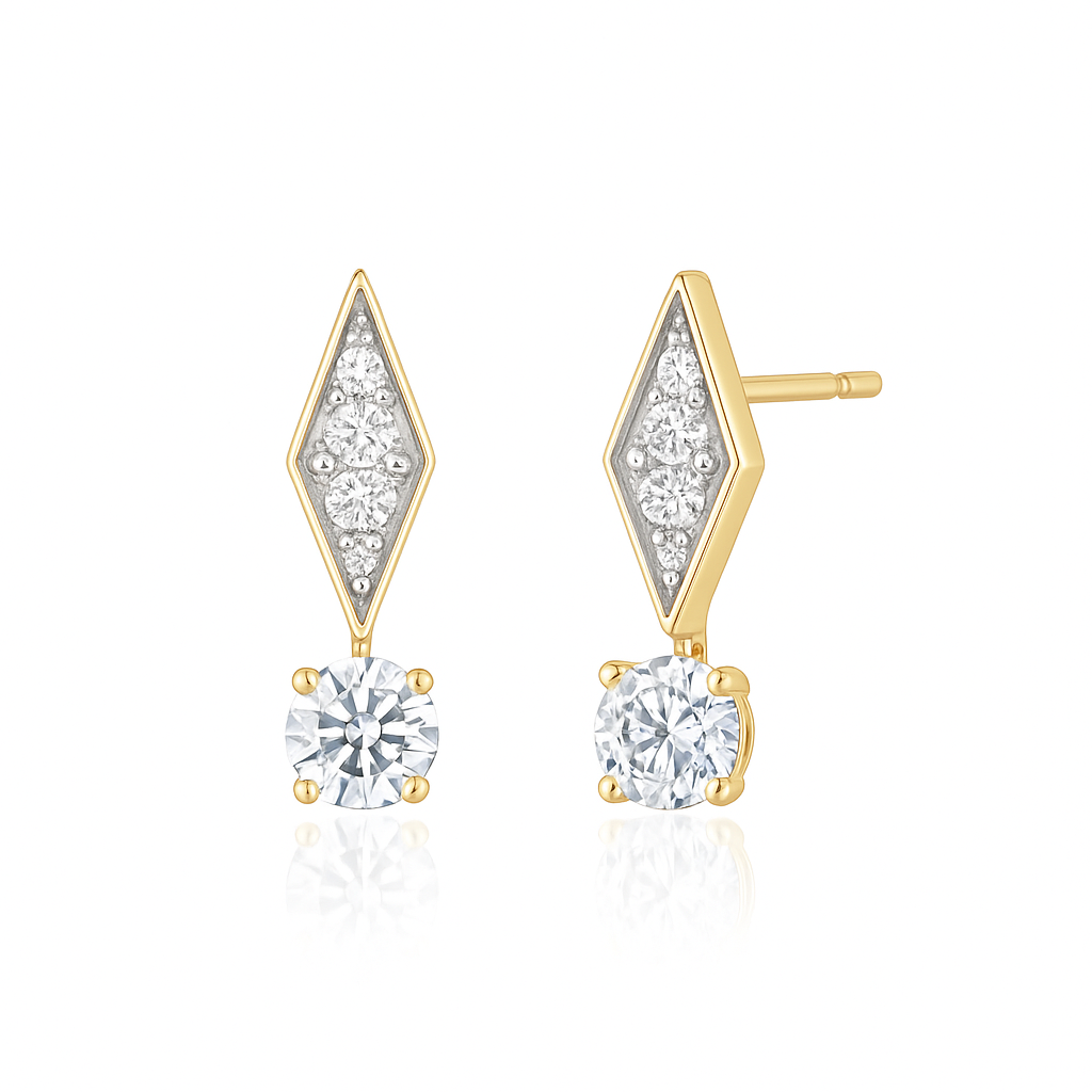solid gold drop earrings with diamonds on a white background 