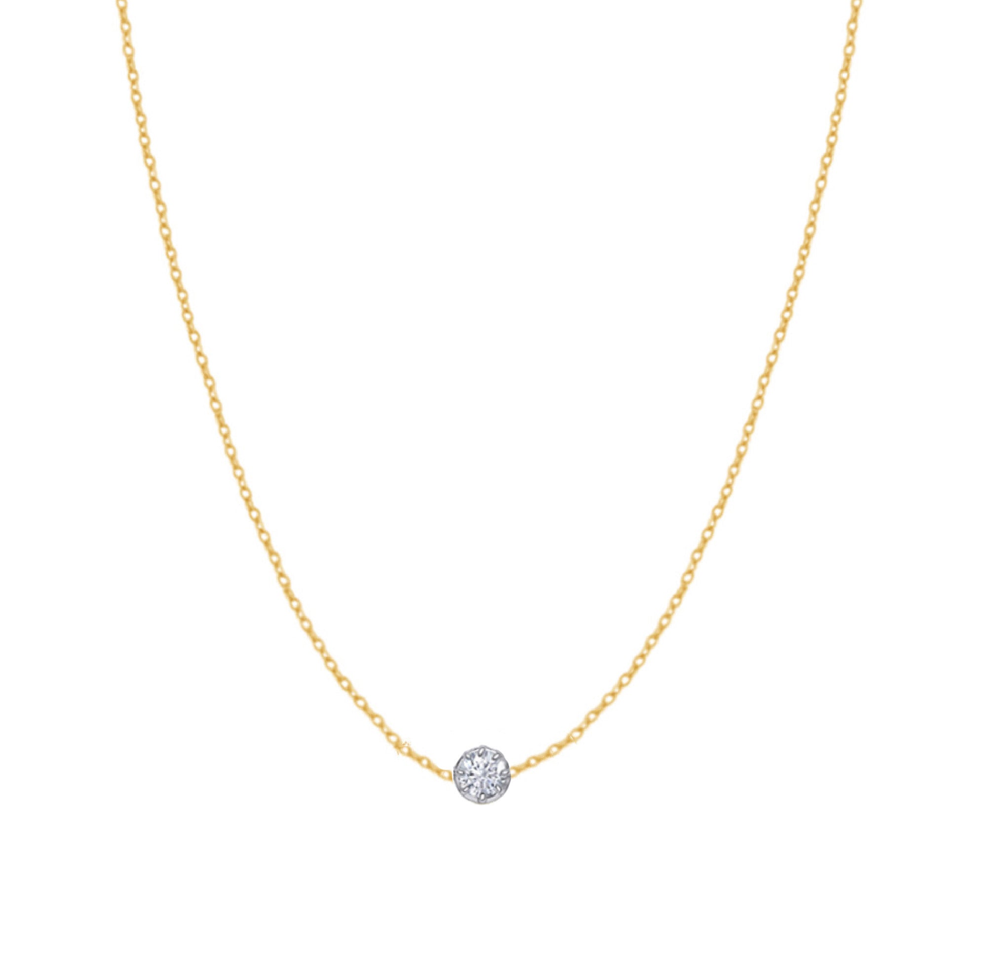 Solid gold necklace with a central diamond pendant on a delicate chain.