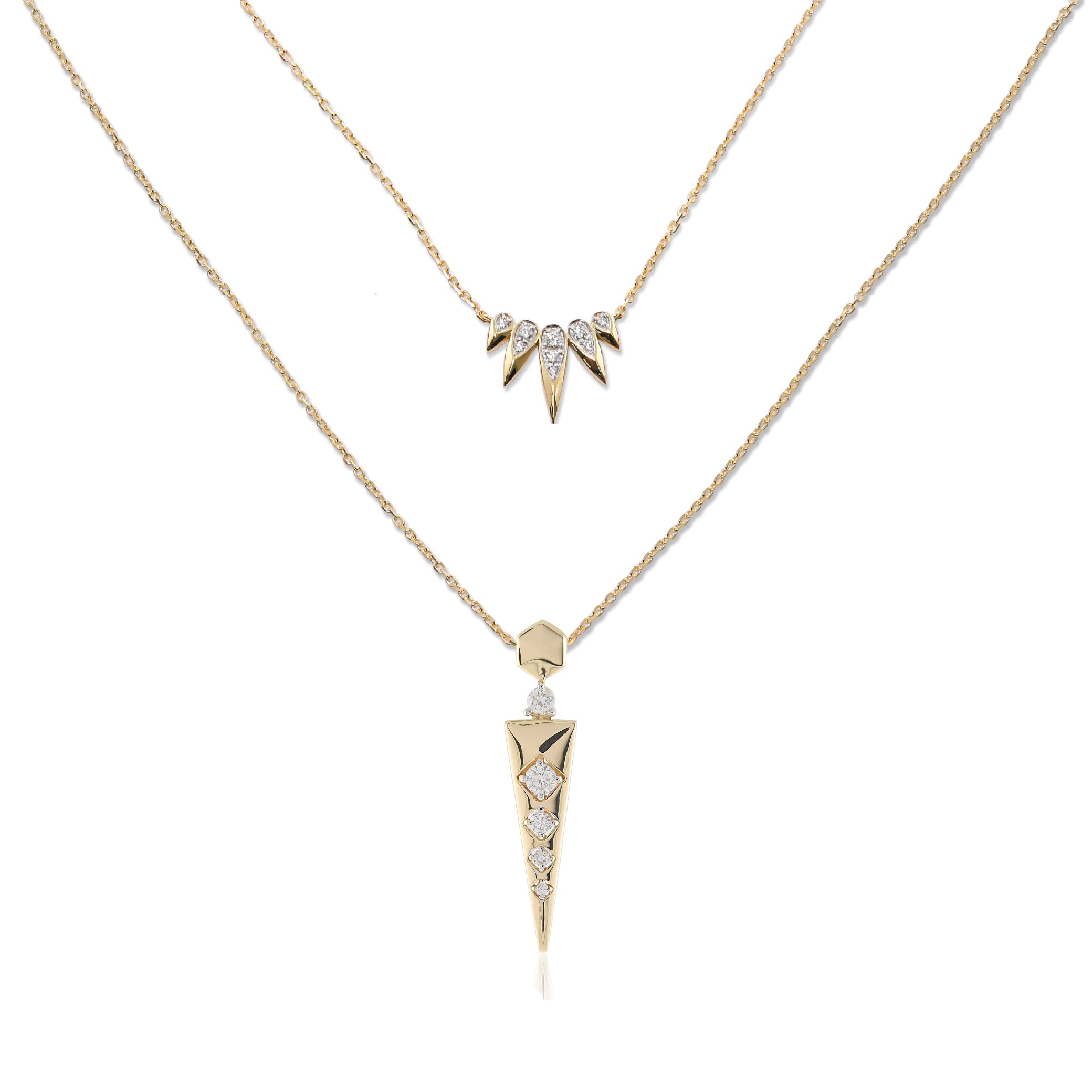 Two 14K gold necklaces with diamond pendants; one with geometric spikes, the other with a tapered design.