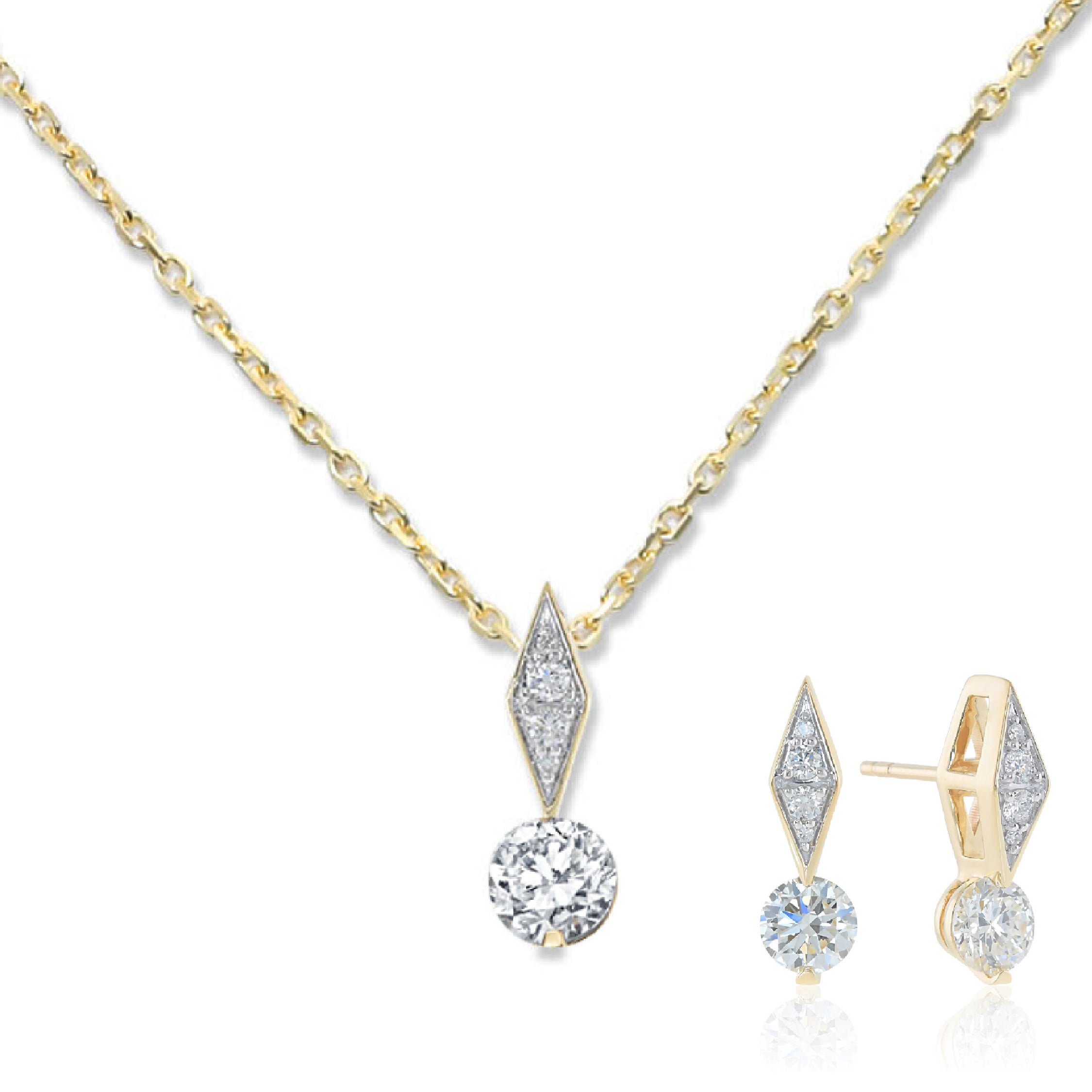 14K gold necklace and earrings with diamond accents in a geometric design.
