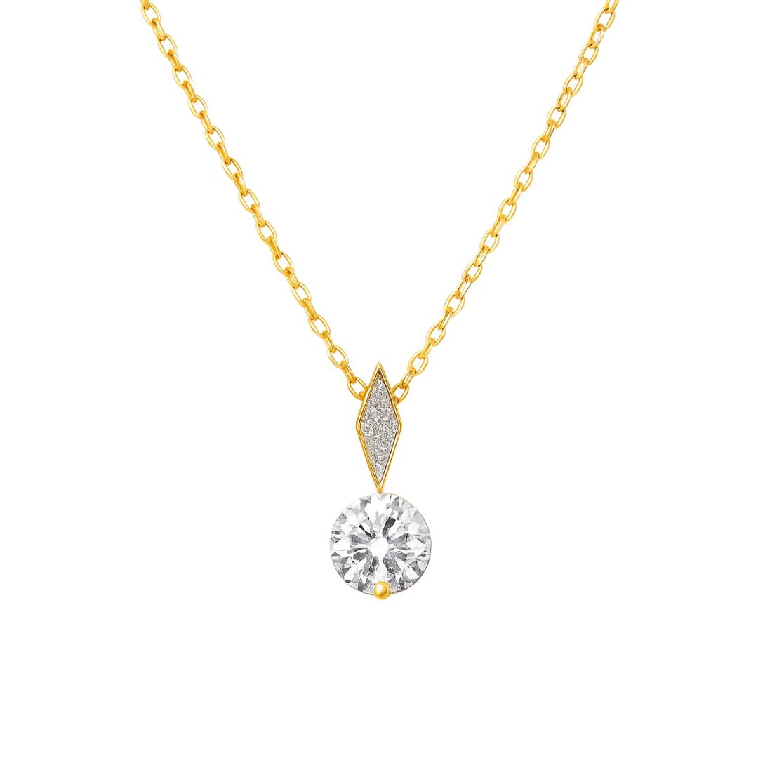 Gold necklace with a diamond pendant on a white background