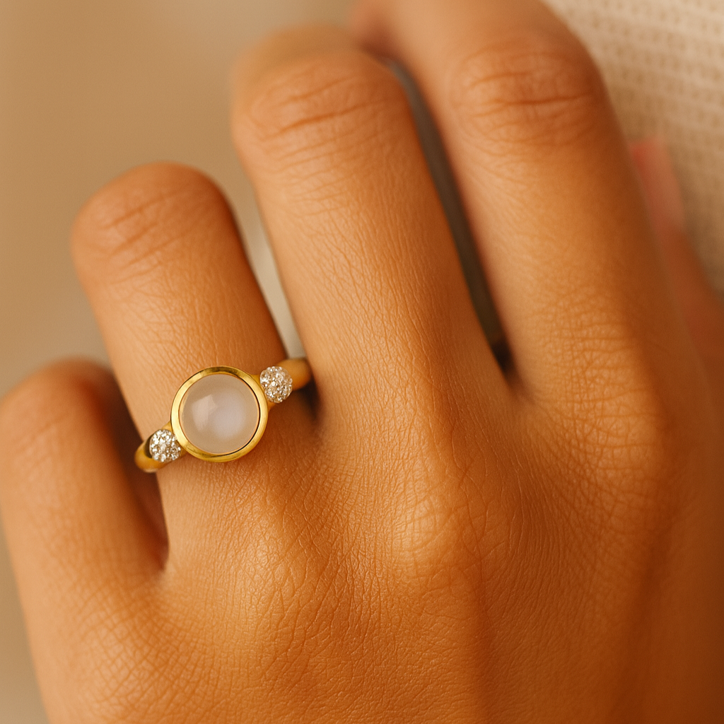 Close-up of a hand wearing a gold ring with a moonstone and small diamonds.