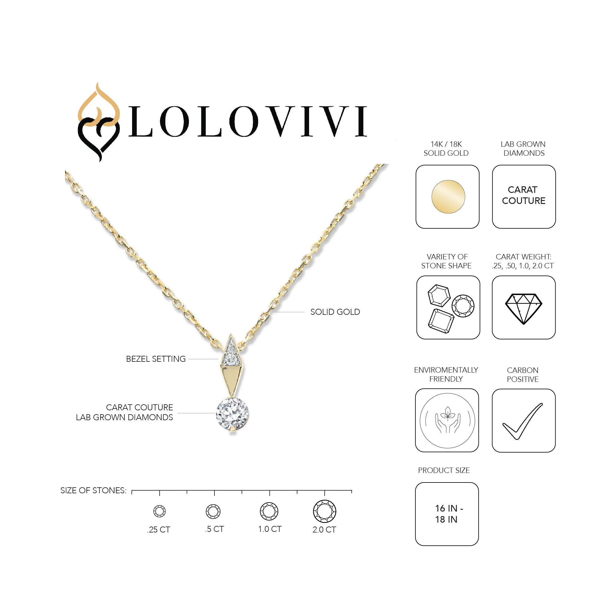 14K solid gold necklace with diamond pendant, featuring a bezel setting and lab-grown diamonds.