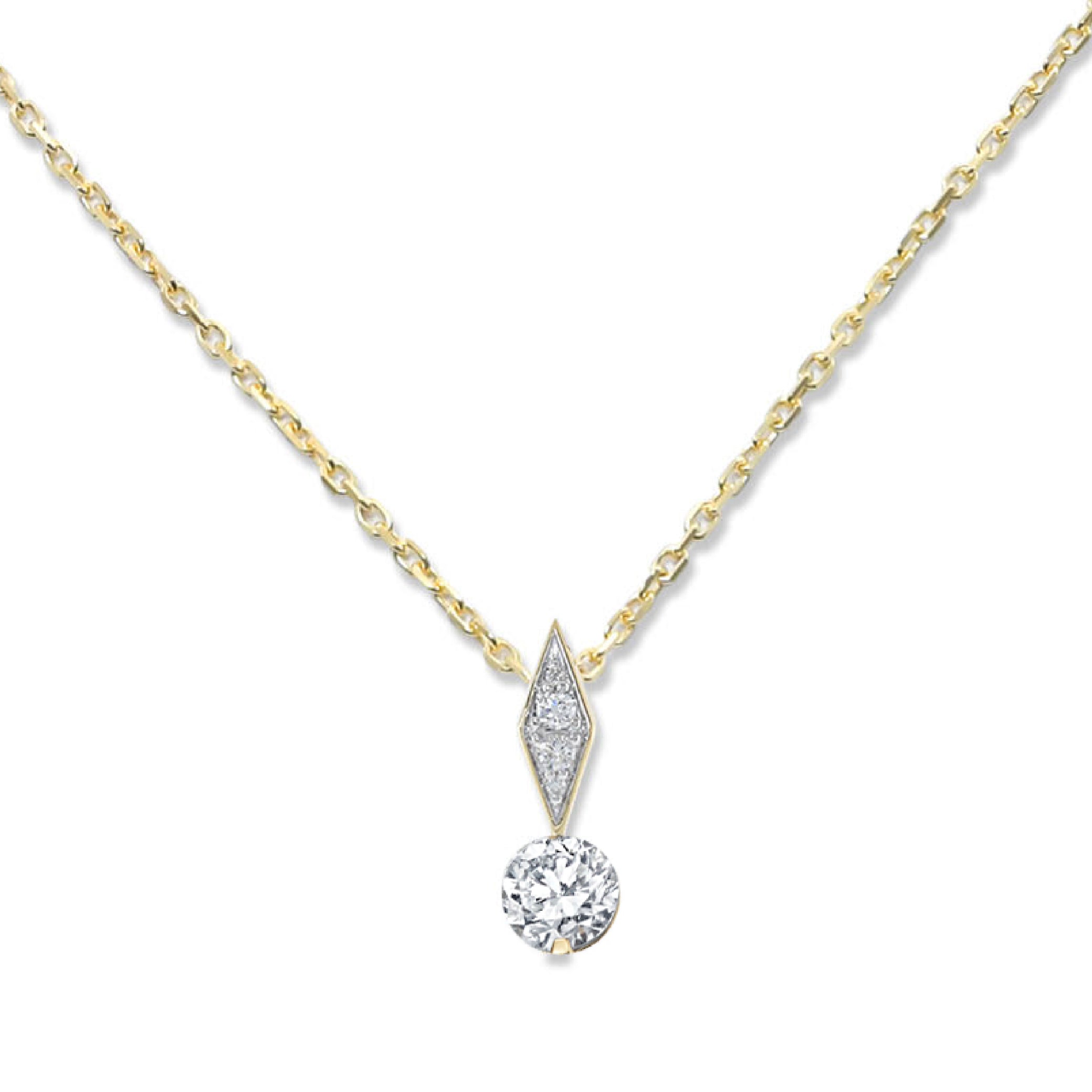 14K gold necklace with diamond pendant featuring a geometric design.