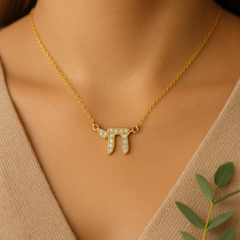 Gold necklace with a pi symbol pendant on a person wearing a beige top.