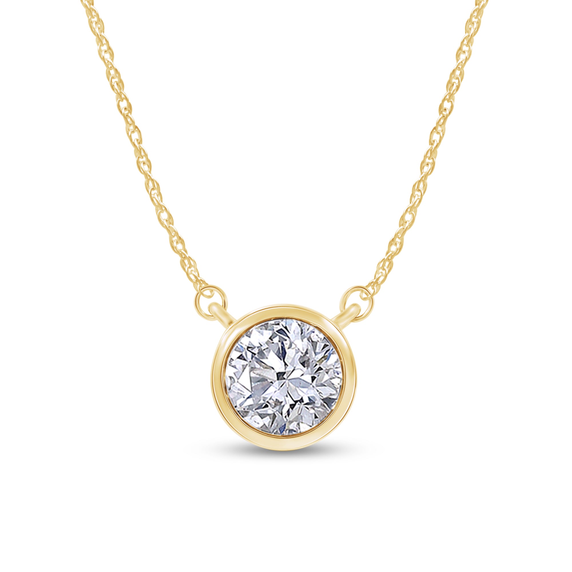 Gold necklace with a diamond pendant on a white background