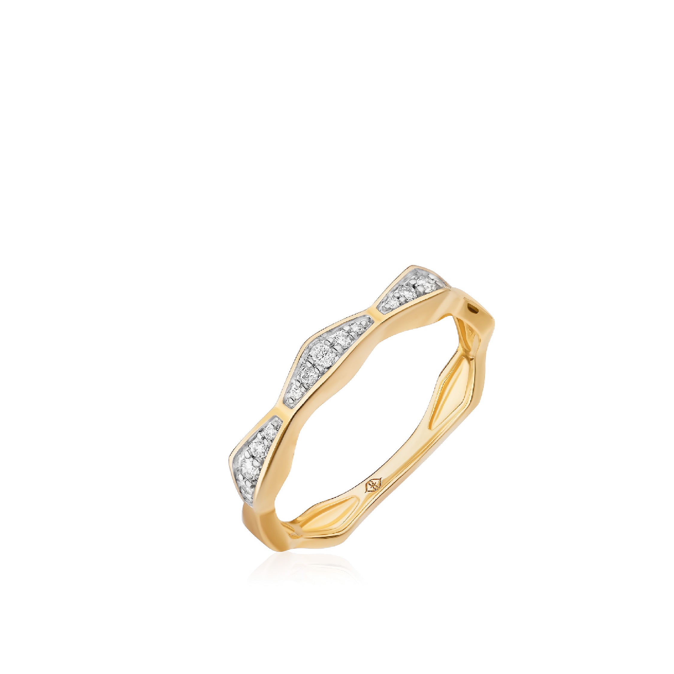 14K gold ring with lab-grown diamonds, featuring a wavy design and elegant sparkle.