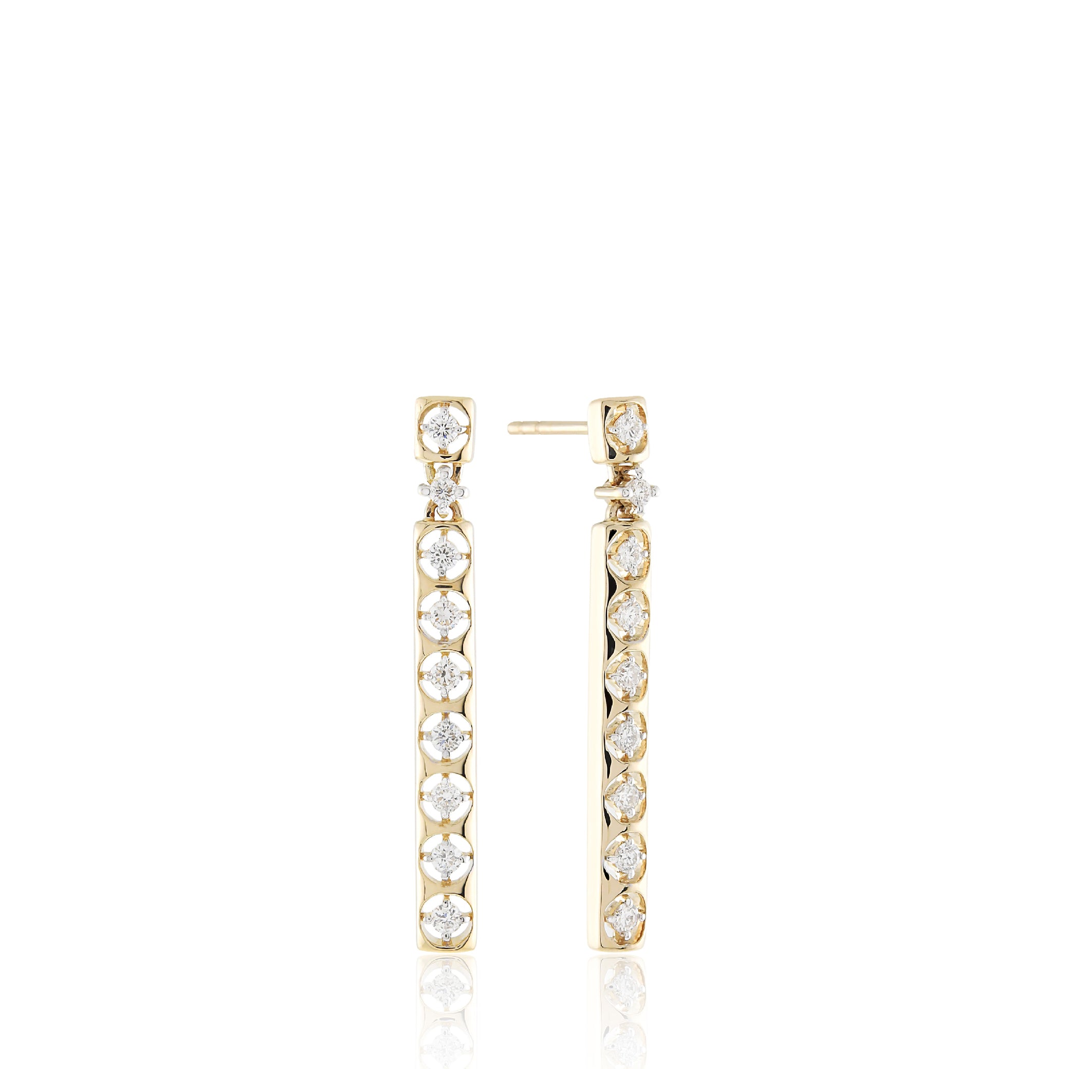 14K solid gold earrings with vertical diamond row, elegant and shiny.