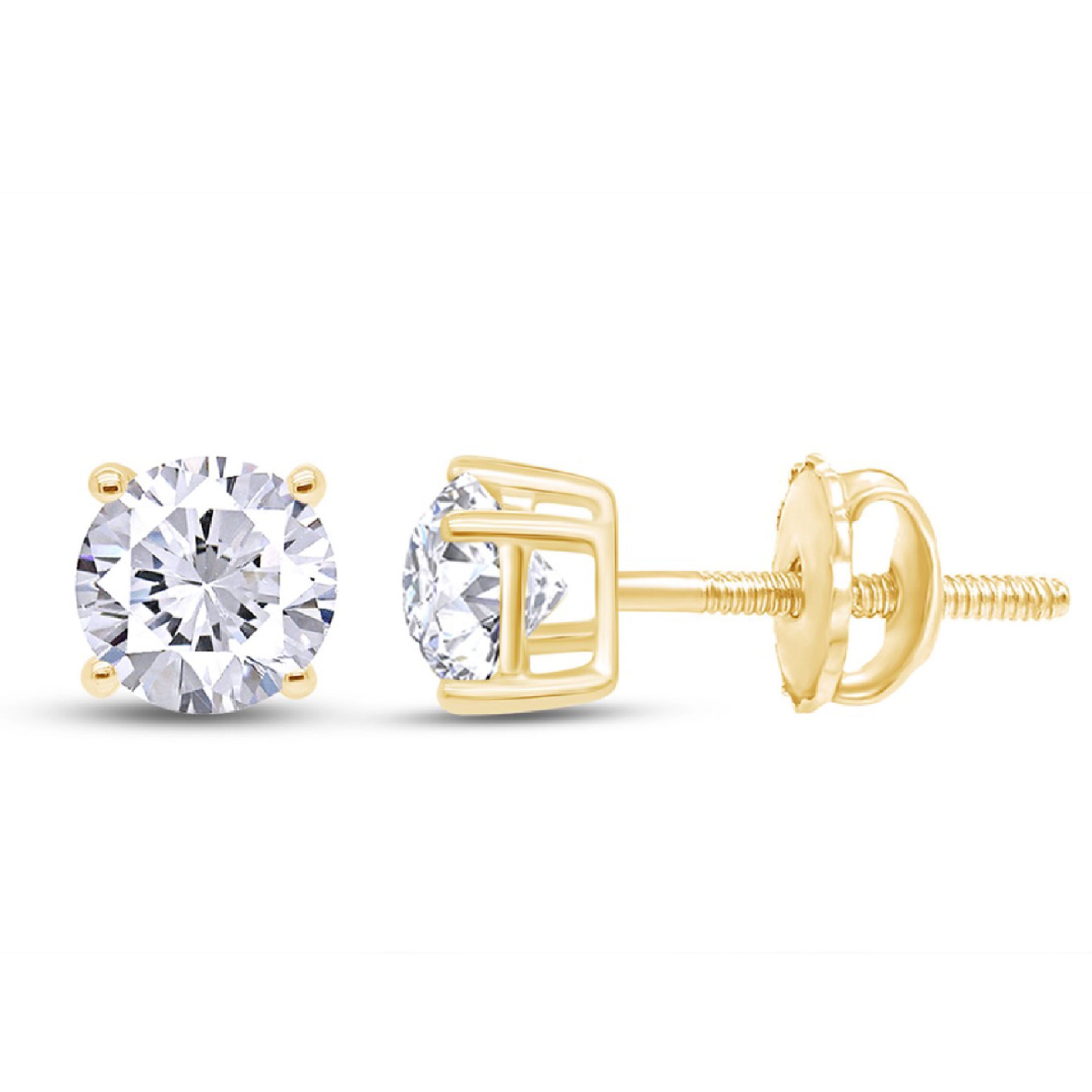 14K gold earrings with white diamonds in four-prong setting, side and front view.