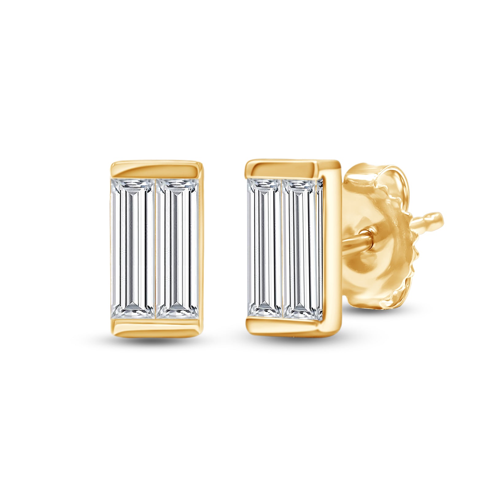 Gold earrings with baguette-cut gemstones on a white background