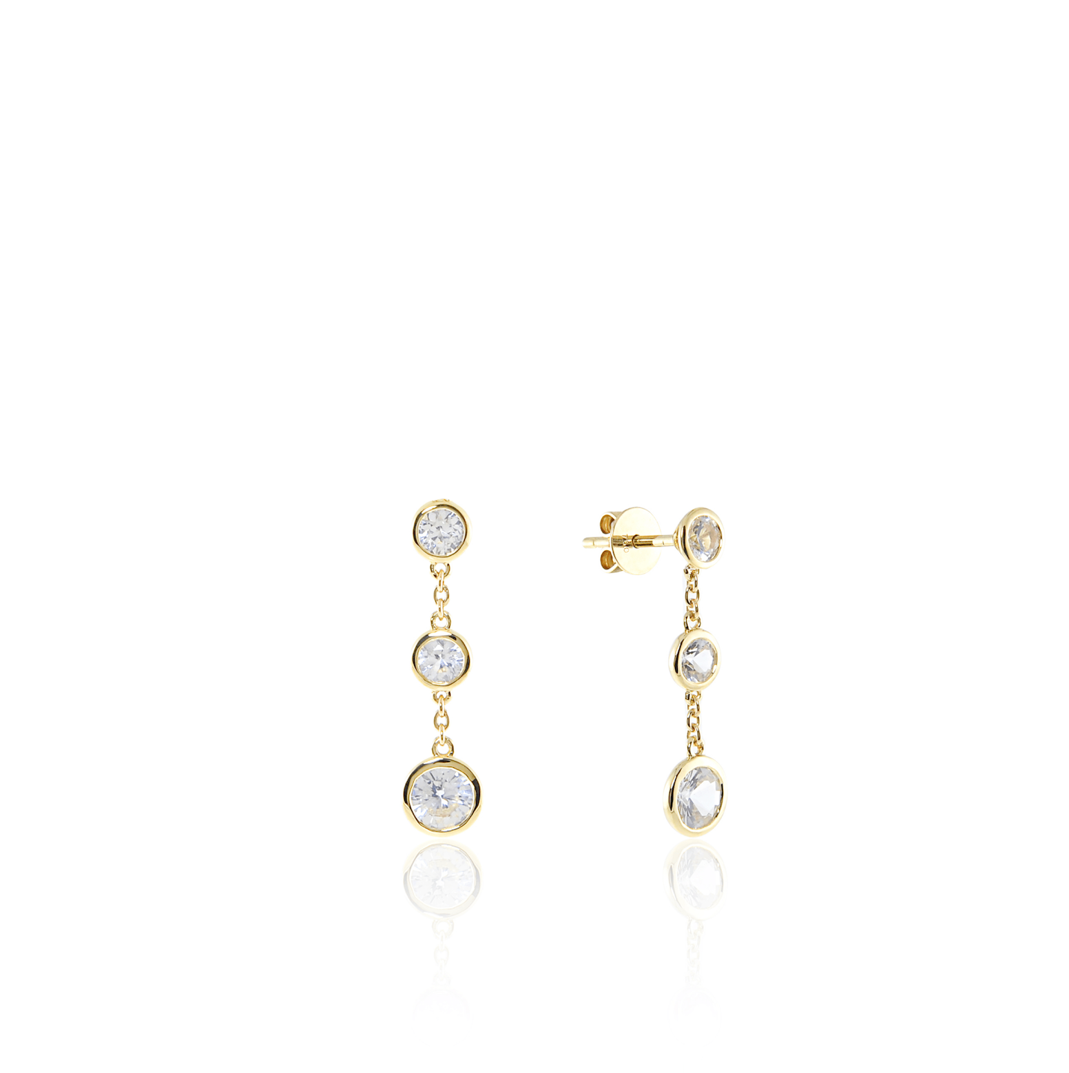 14K gold earrings with three white gemstones in a drop design.