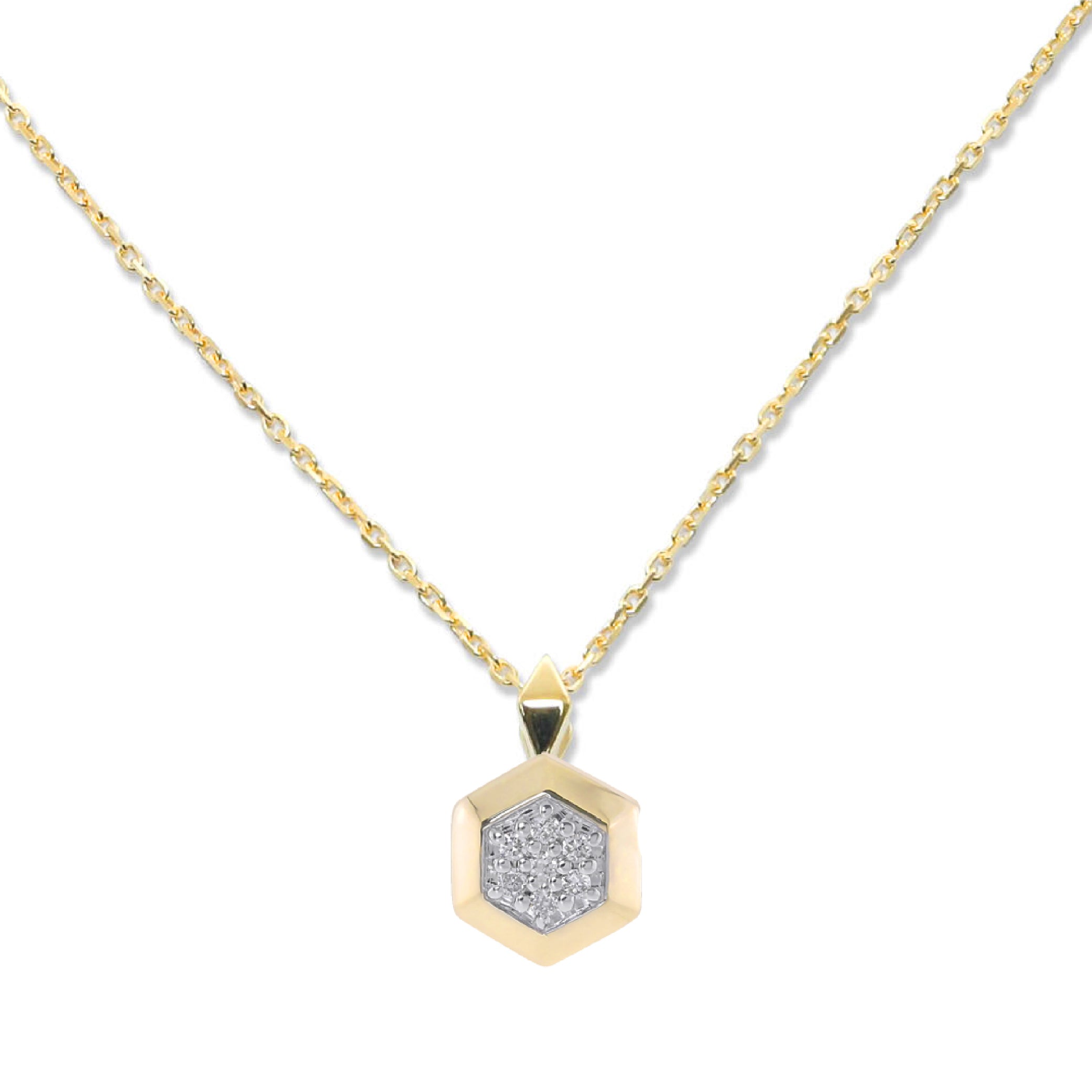 14K gold necklace with hexagon diamond pendant, featuring a delicate chain and elegant design.
