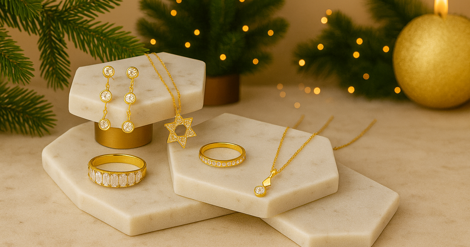 Gold jewelry including rings and earrings on a marble stand with Christmas decorations in the background.