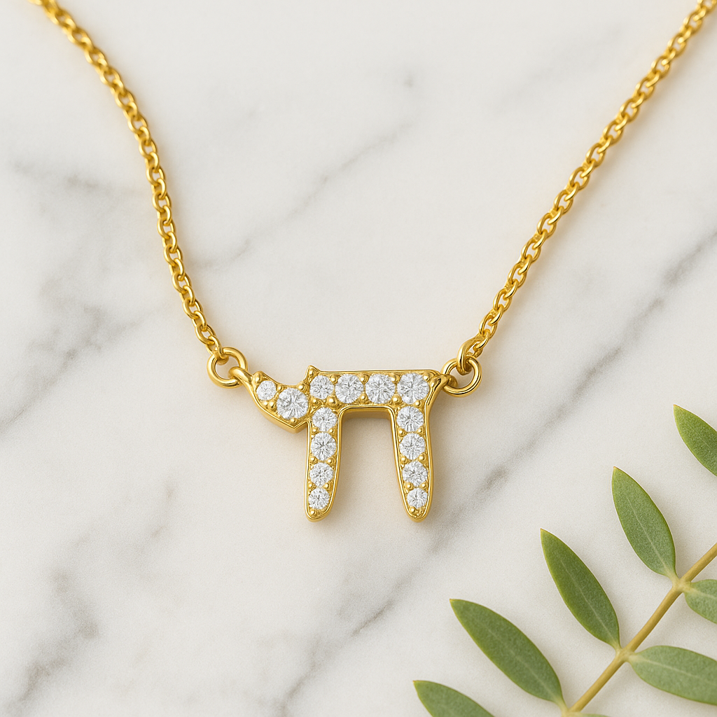 Gold necklace with a Hebrew letter 'alef' pendant on a marble surface with green leaves.