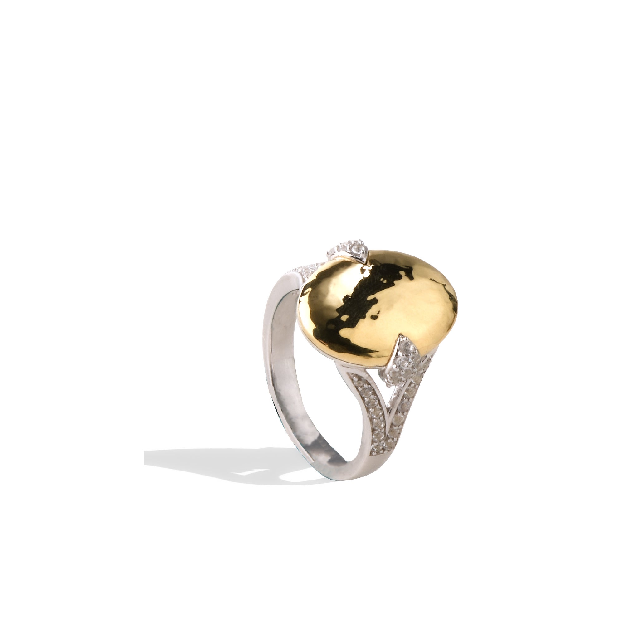 Sterling silver ring with 14K gold gemstone and intricate design.
