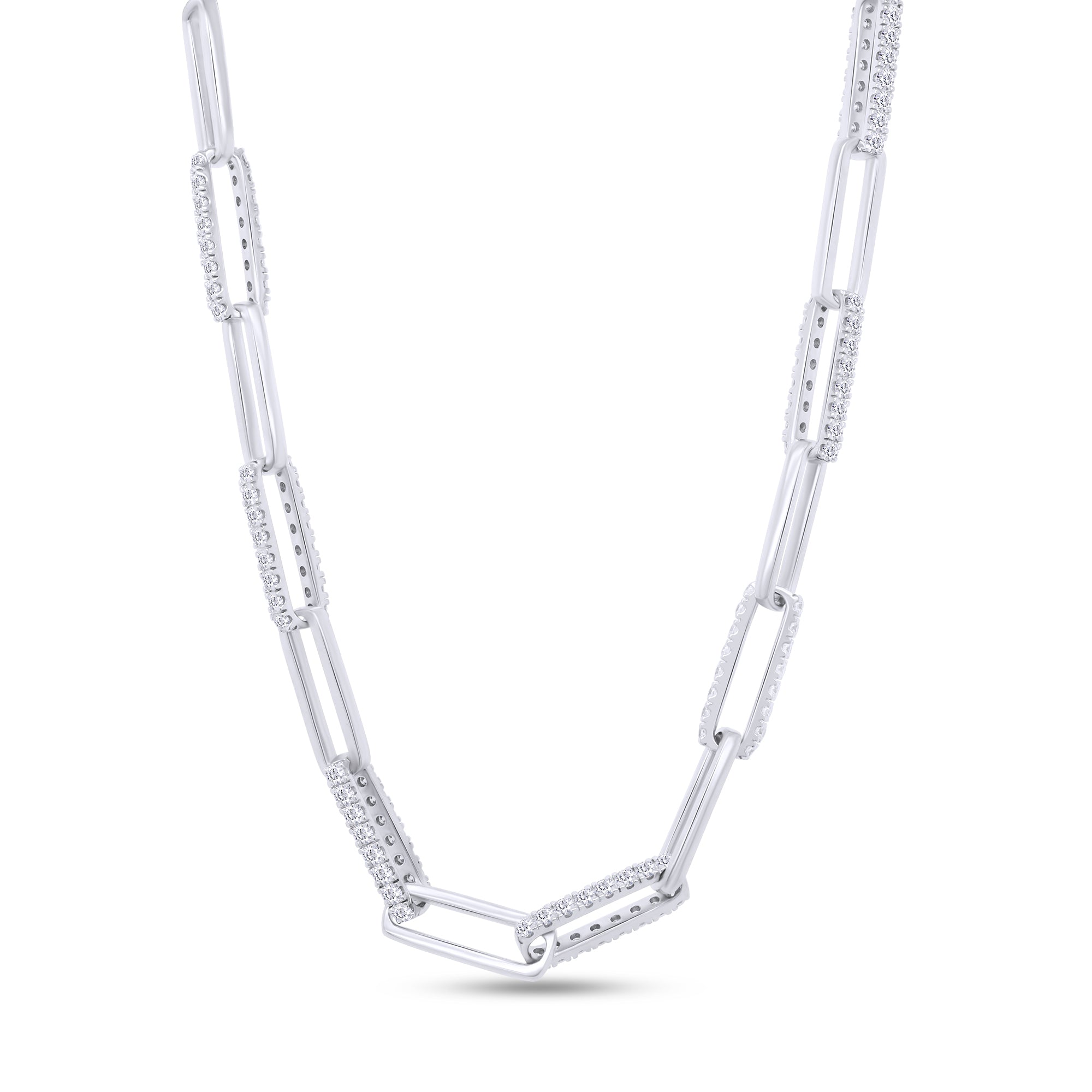 Silver necklace with diamond accents on a white background