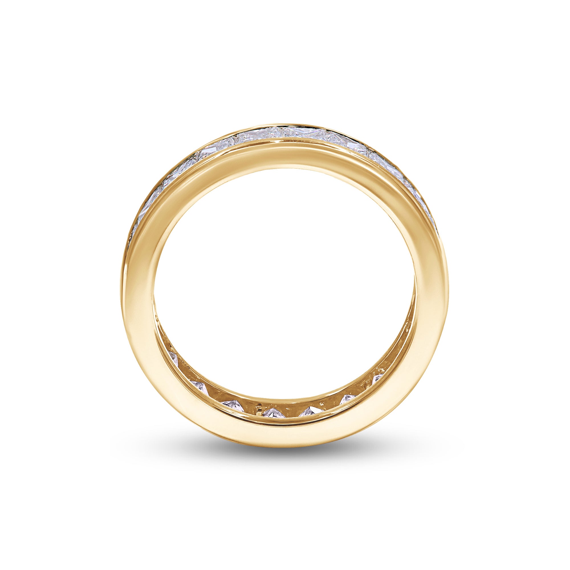 Gold ring with embedded diamonds on a white background