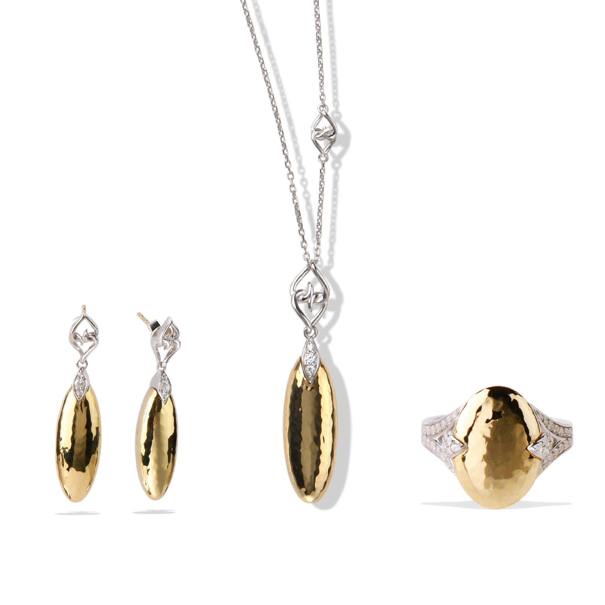 Hammered sterling silver and 14K gold jewelry set with earrings, necklace, and ring.