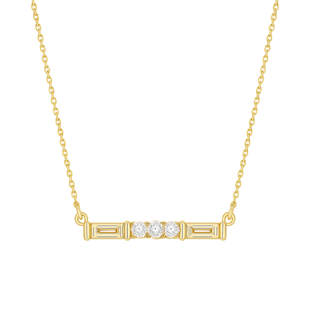 Gold necklace with diamond pendant on a white background