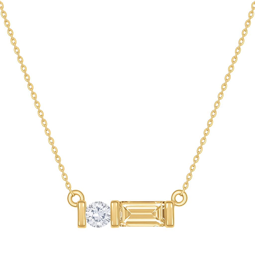 Gold necklace with a diamond pendant on a white background