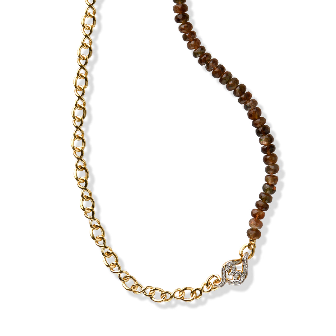 Solid Gold Brown Andesine and Natural White Diamond Necklace
