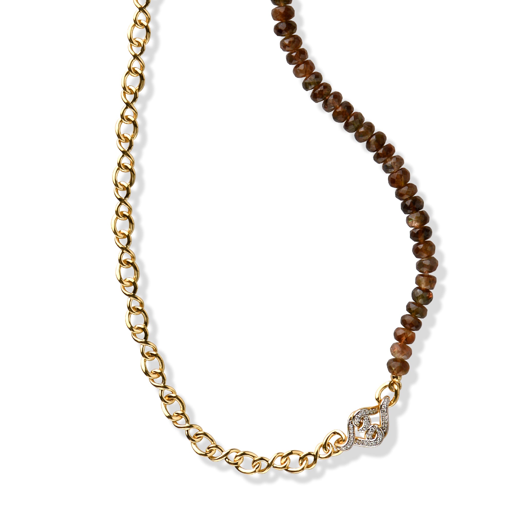 Solid Gold Brown Andesine and Natural White Diamond Necklace
