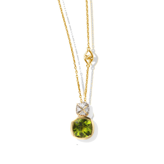 Solid Gold Natural White Diamond Peridot Dangle Necklace