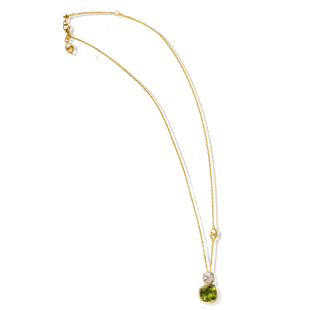 Solid Gold Natural White Diamond Peridot Dangle Necklace