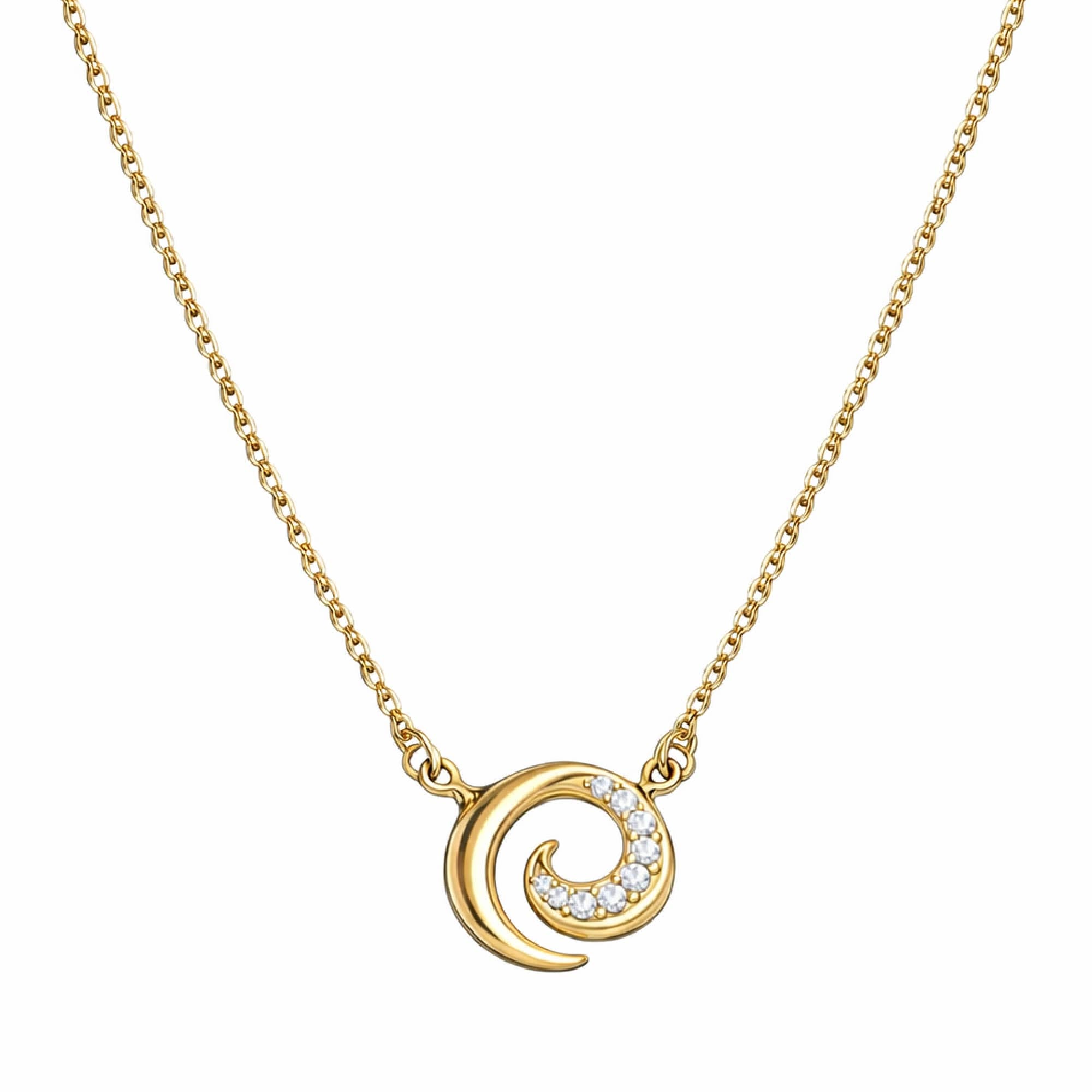 Gold necklace with a crescent moon pendant on a white background