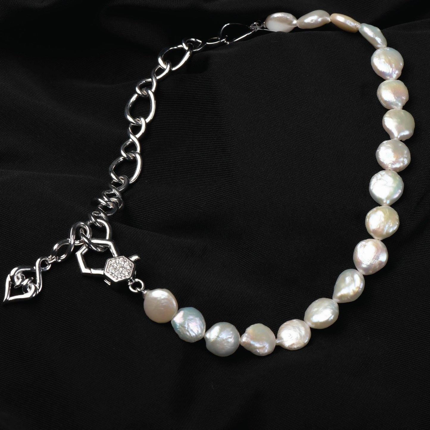 Silver Pearl Necklace | Sterling Silver Pearl Necklace with White Sapphires
