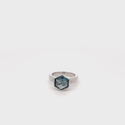 London Blue Topaz Ring | Hexagon-Cut Blue Topaz White Diamond White Gold Ring