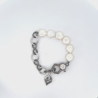 Sterling Silver and Black Silver White Sapphire Pearl Bracelet