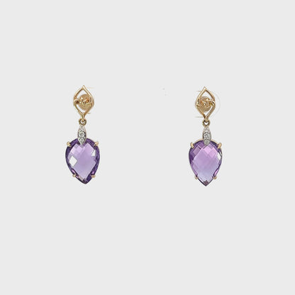 Amethyst Earrings | Pear-Shaped Purple Amethyst White Diamond Yellow Gold Earrings