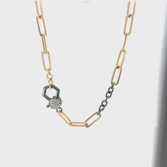 Solid Gold and Black Silver White Sapphire Paperclip Necklace