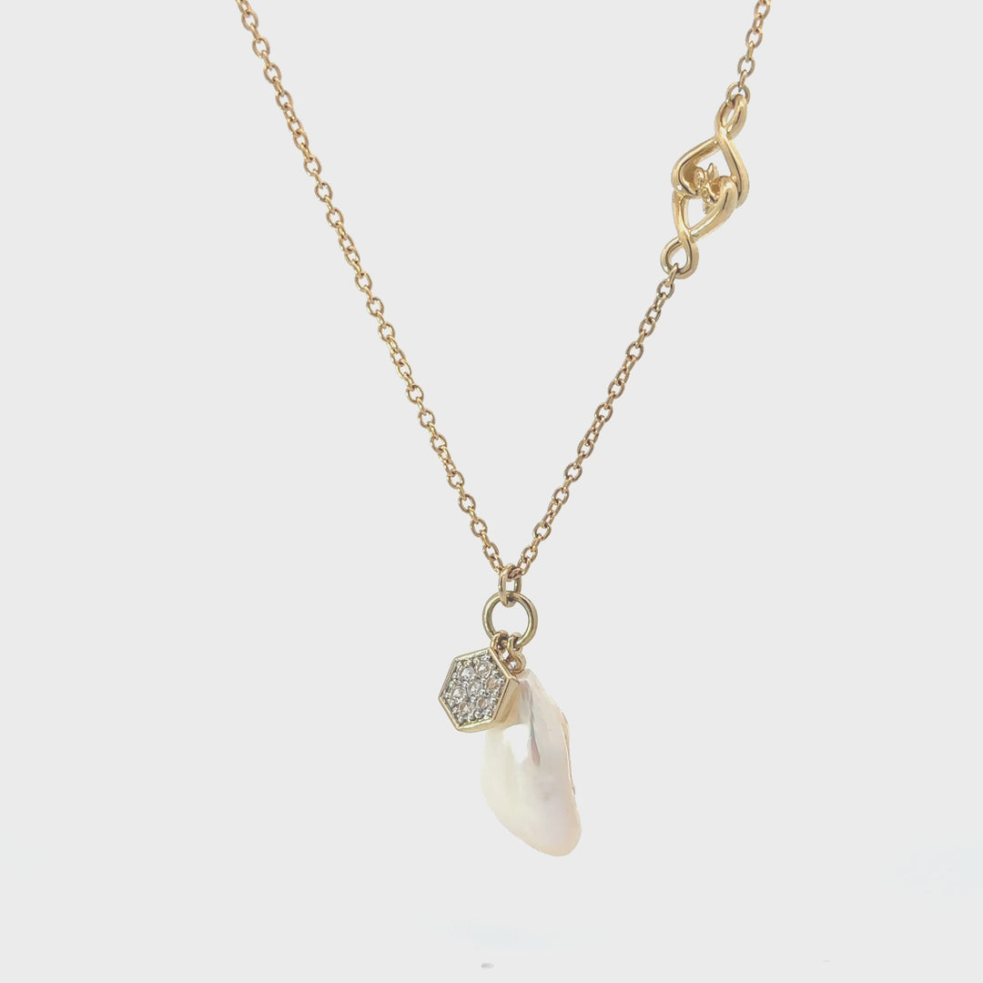 Solid Gold White Sapphire Baroque Pearl Necklace