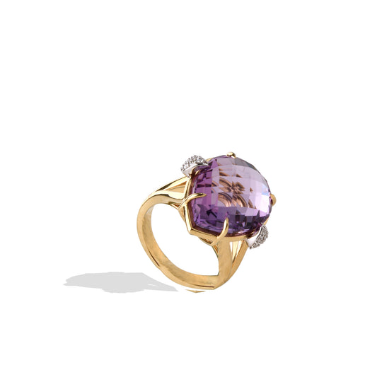 Solid Gold Natural White Diamond Amethyst Ring