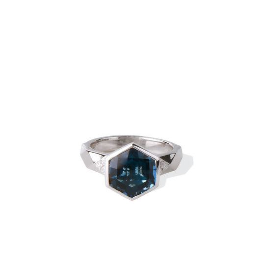 Solid Gold Natural White Diamond London Blue Topaz Ring