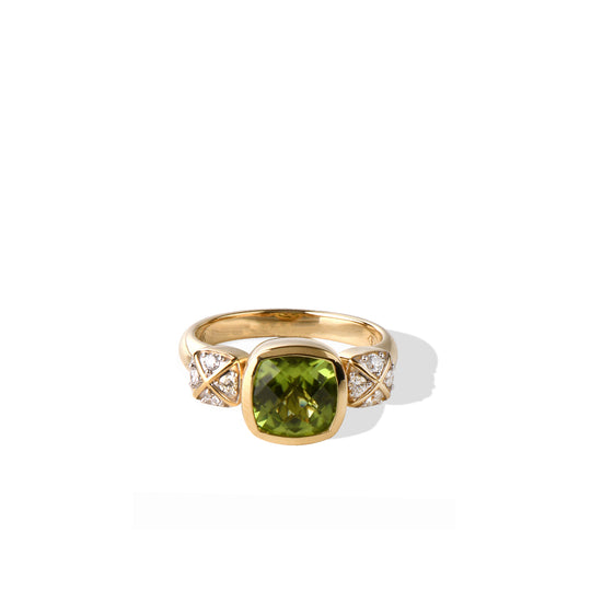 Solid Gold Natural White Diamond Peridot Dangle Ring